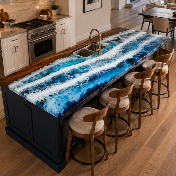 Walnut Wood Ocean Waves Sea Foam Art Epoxy Resin Countertop