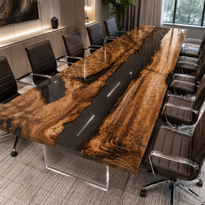 Black Walnut High-Gloss Black Transparent Epoxy Resin Conference Table