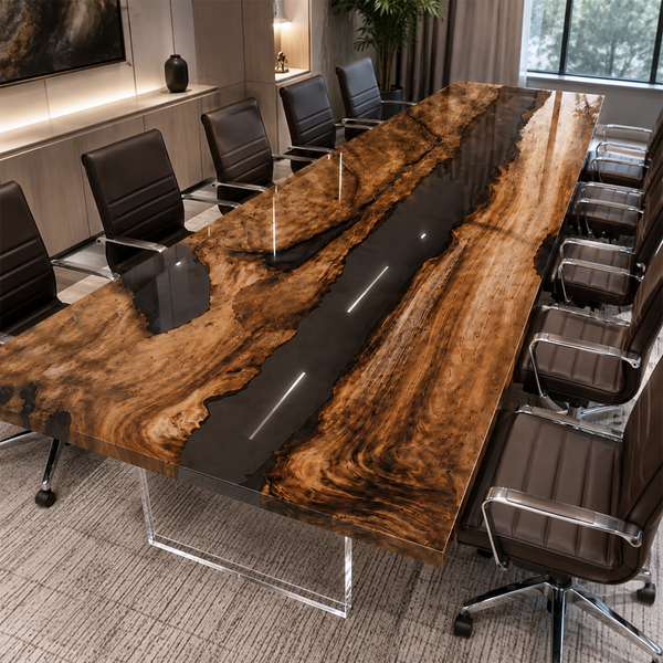 Black Walnut High-Gloss Black Transparent Epoxy Resin Conference Table