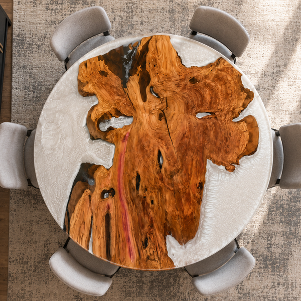 Olive Wood Crystal Round Epoxy Resin Dining Table
