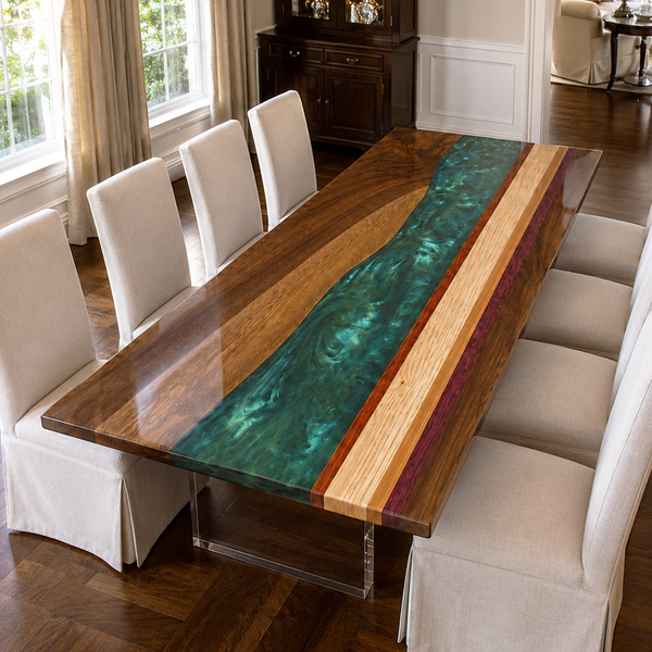 Black Walnut and Mixed Wood Strip Swirling Green Epoxy Resin Dining Table