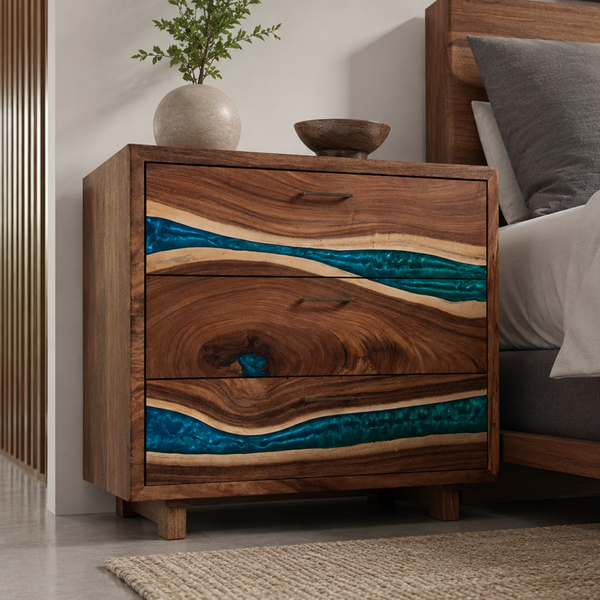 Walnut Live Edge Ocean Stream Epoxy Resin Storage Cabinet