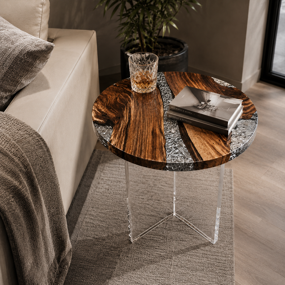 Walnut Glacier Ice Crackle Epoxy Resin Round Side Table