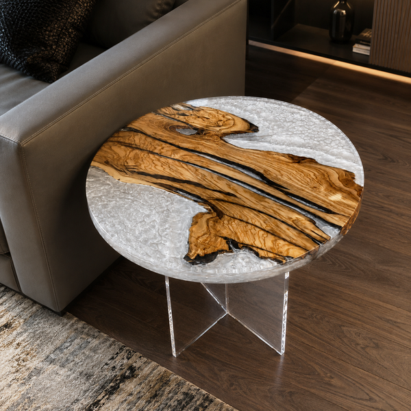 Olive Wood Crystal Tundra Textured Round Epoxy Resin Side Table