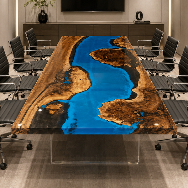 Black Walnut Ocean Blue River Epoxy Resin Conference Table