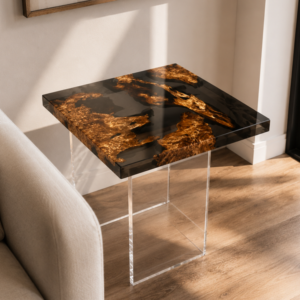 Cunninghamia Transparent Black Burl Square Epoxy Resin Side Table