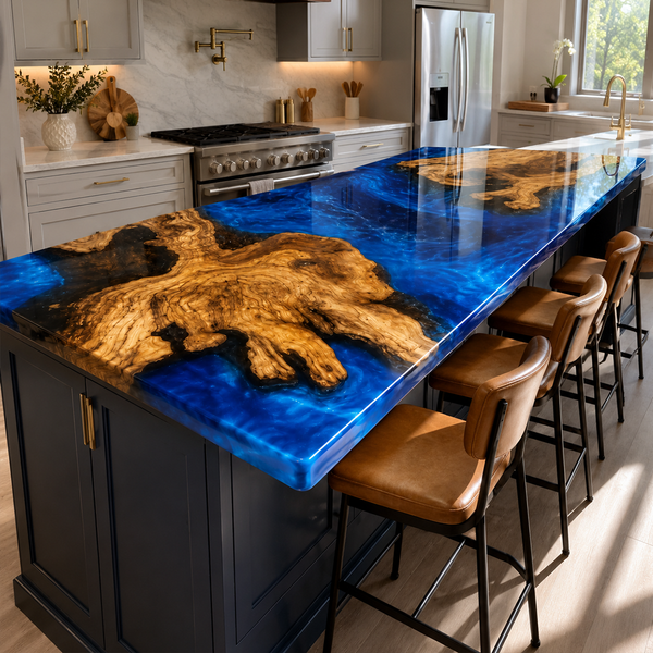Olive Wood Ocean Blue Burl Epoxy Resin Countertop