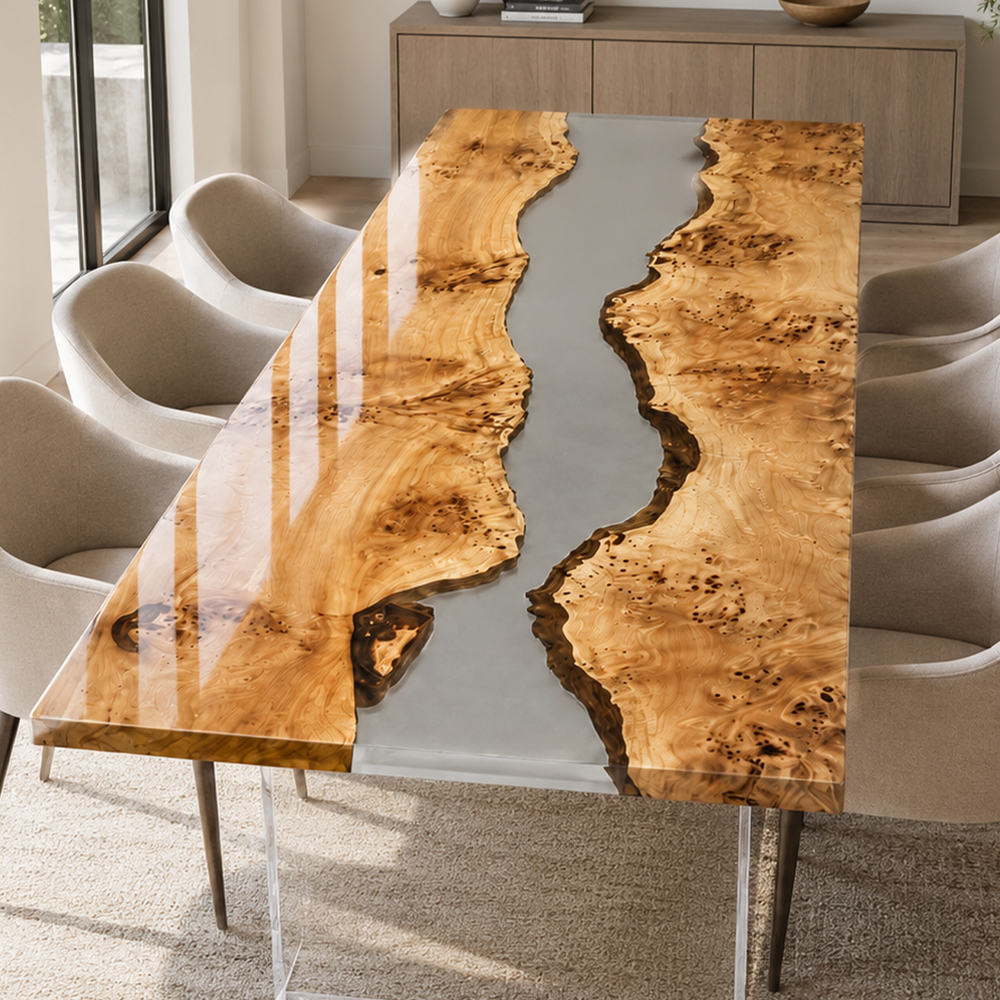 Poplar Burl Golden Cluster Translucent Epoxy Resin Dining Table