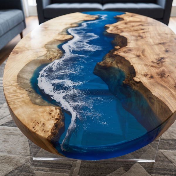 Poplar Ocean Wave Oval Epoxy Resin Coffee Table