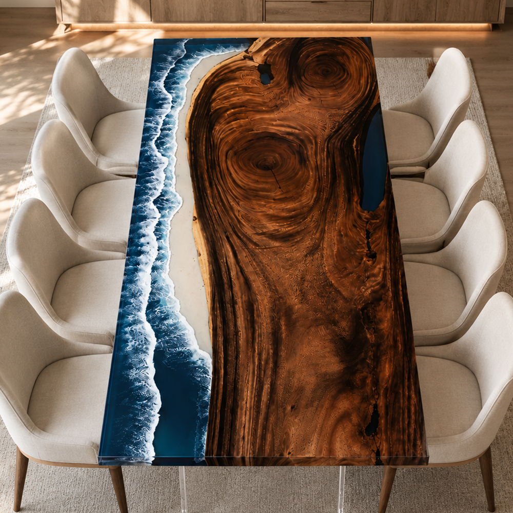 Walnut Ocean Wave Epoxy Resin Dining Table