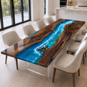 Black Walnut Coastal Island Blue Wave Epoxy Resin Dining Table