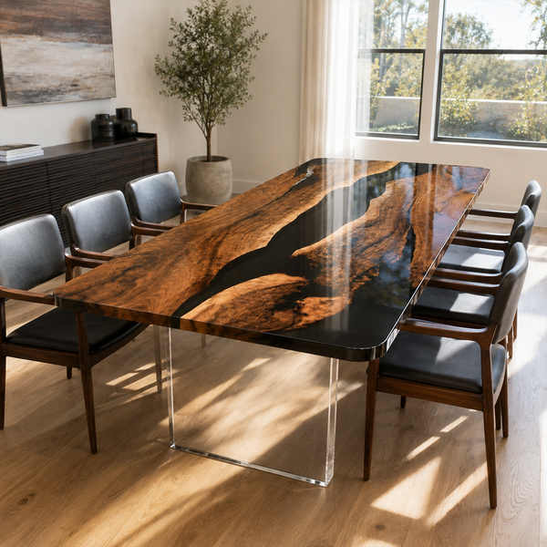 Black Walnut Natural Grain River Epoxy Resin Dining Table
