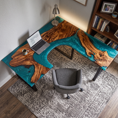 Walnut Wood L-Shaped Ocean Blue Flow Epoxy Resin Desk Table
