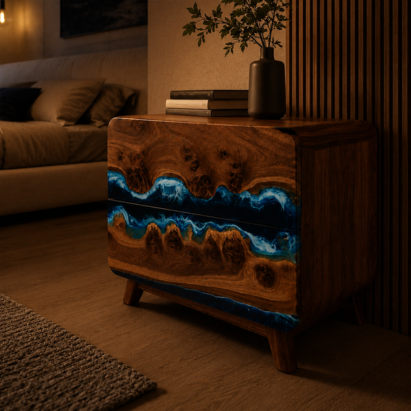 Black Walnut Ocean Flow Bedside Epoxy Resin Nightstand