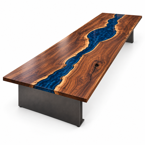 White background view of the Bluehaven rectangular black walnut conference table with blue epoxy.