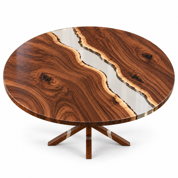 Complete round walnut and clear epoxy dining table on a white background.