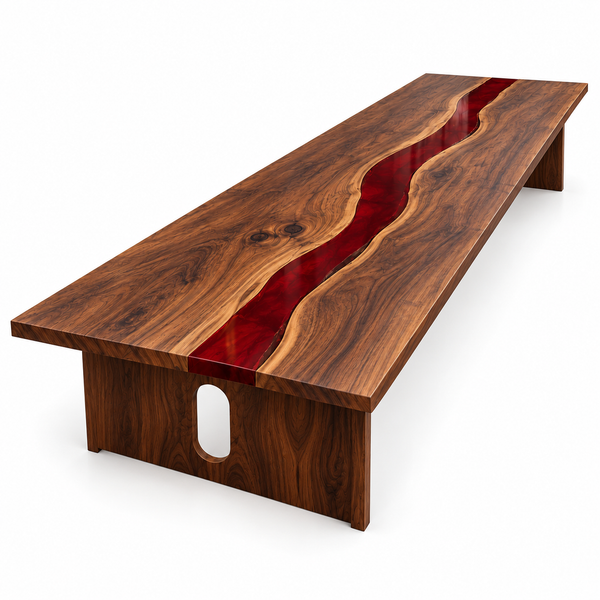 White background view of the Crimsonbend rectangular black walnut conference table with red epoxy.