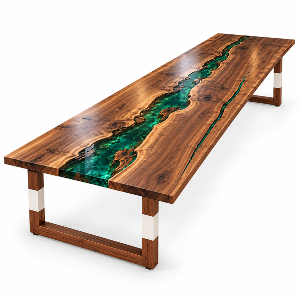 White background view of the Emeraldjunction rectangular black walnut conference table with green epoxy.