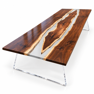 White background view of the Glassmeadow rectangular black walnut conference table with clear epoxy.