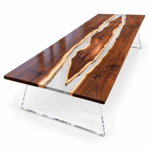 White background view of the Glassmeadow rectangular black walnut conference table with clear epoxy.