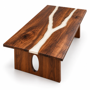 White background view of the Ivorybranch rectangular walnut dining table with white epoxy.
