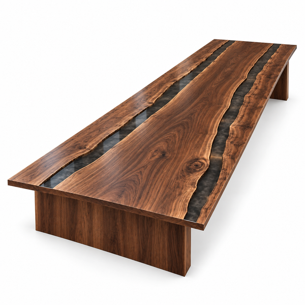 White background view of the Obsidianreach rectangular black walnut conference table with black epoxy.
