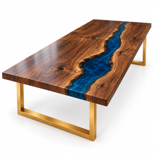Complete Rivercrest rectangular walnut dining table with blue epoxy and gold-colored frame supports on a white background.