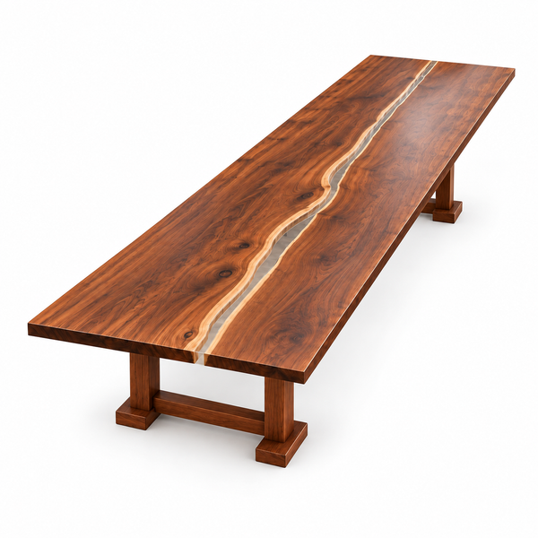 White background view of the Stillwater rectangular walnut conference table with black epoxy.