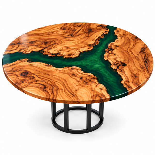 Complete olive wood and green epoxy dining table with a black cylindrical frame on white.