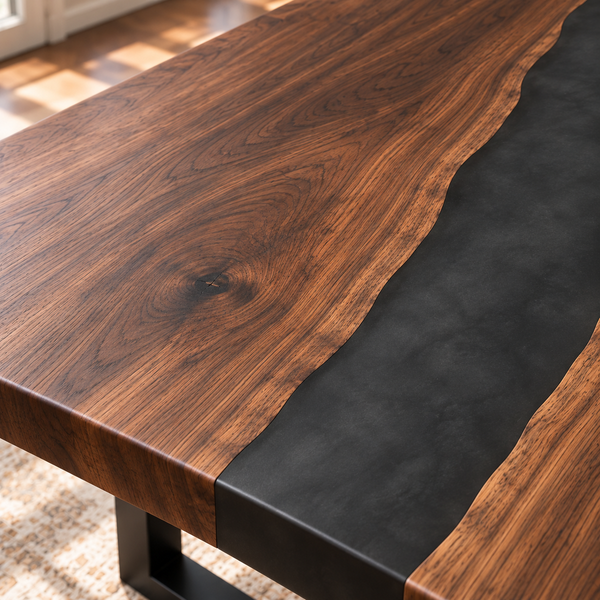 Close-up of fine walnut grain, a natural knot, and the flush transition to black resin.
