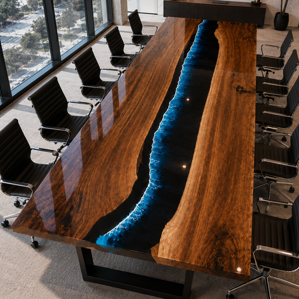 Black Walnut Wood Blue Wave Straight Edge Epoxy Resin Conference Table