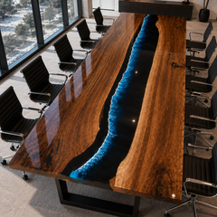 Black Walnut Wood Blue Wave Straight Edge Epoxy Resin Conference Table