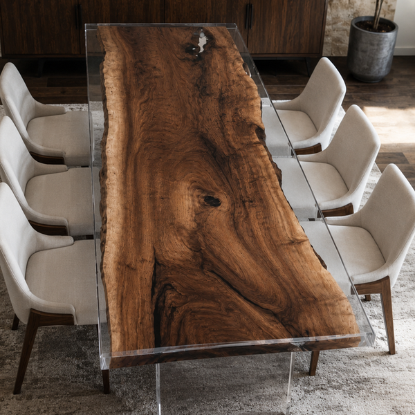 Black Walnut Wood Clear Transparent Rectangular Edge Epoxy Resin Dining Table