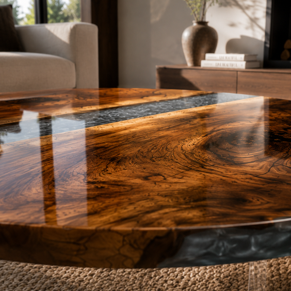 Walnut Glacier Crackle Textured Epoxy Resin Round Coffee Table