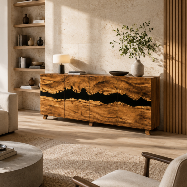 Walnut Wood Black River Inlay Credenza Epoxy Resin Storage