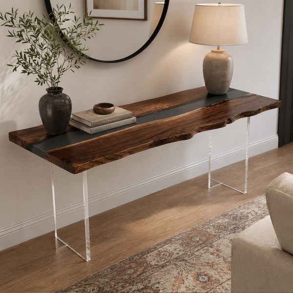 Black Walnut Transparent Black River Epoxy Resin Console Table