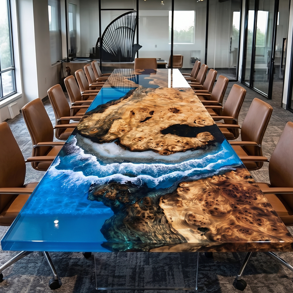 Poplar Burl Coastal Wave Island Epoxy Resin Conference Table