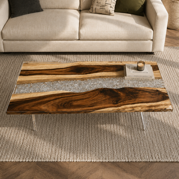 Walnut Crystal Glacier Shattered Ice Epoxy Resin Coffee Table