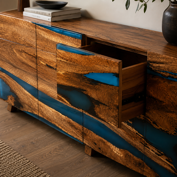 Walnut Ocean Blue River Epoxy Resin Storage Console