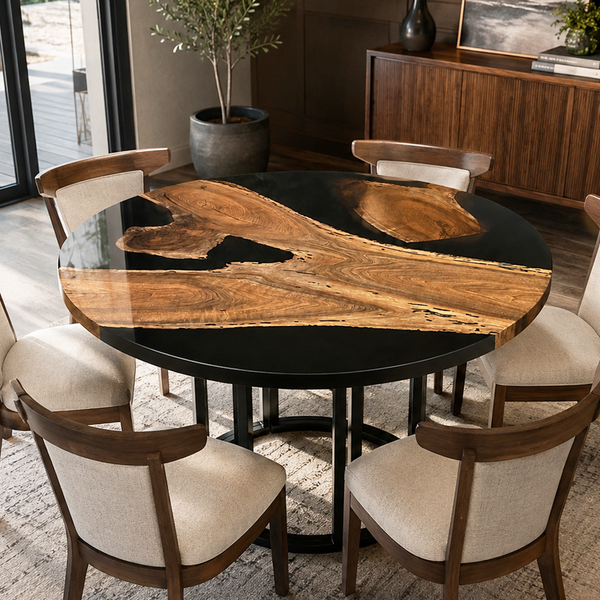 Black Walnut Wood Round Black River Epoxy Resin Dining Table
