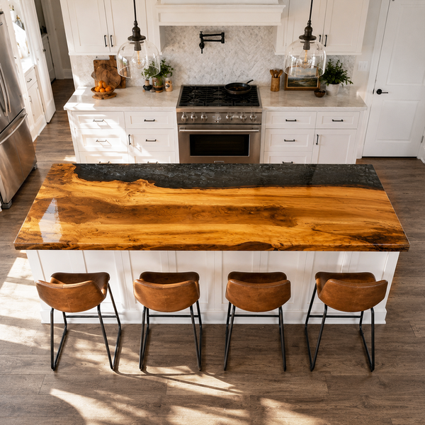 Walnut Wood Executive Custom River Style Epoxy Resin Countertop