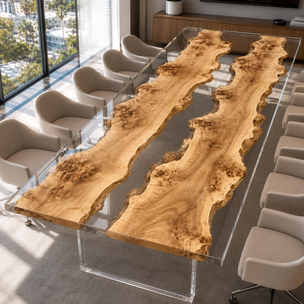 Poplar Burl Crystal Clear Epoxy Resin Conference Table