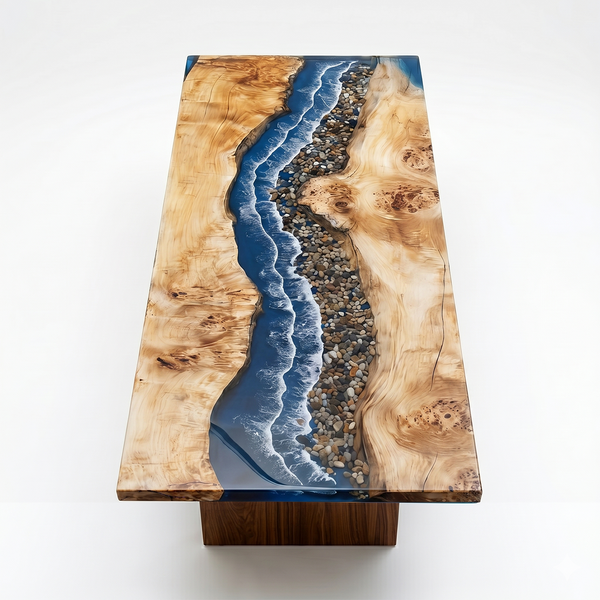Poplar Burr River Pebble and Wave Epoxy Resin Dining Table