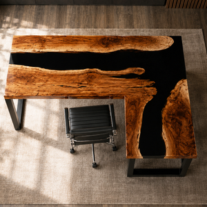 Black Walnut L-Shaped Black River Epoxy Resin Desk