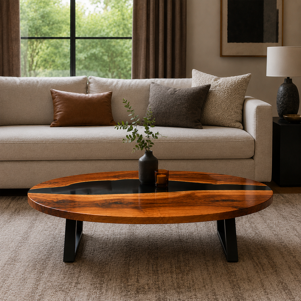 Walnut Black River Epoxy Resin Oval Coffee Table