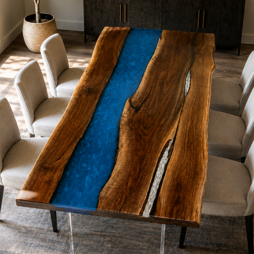 Black Walnut Deep Ocean Wave Shimmer Epoxy Resin Dining Table