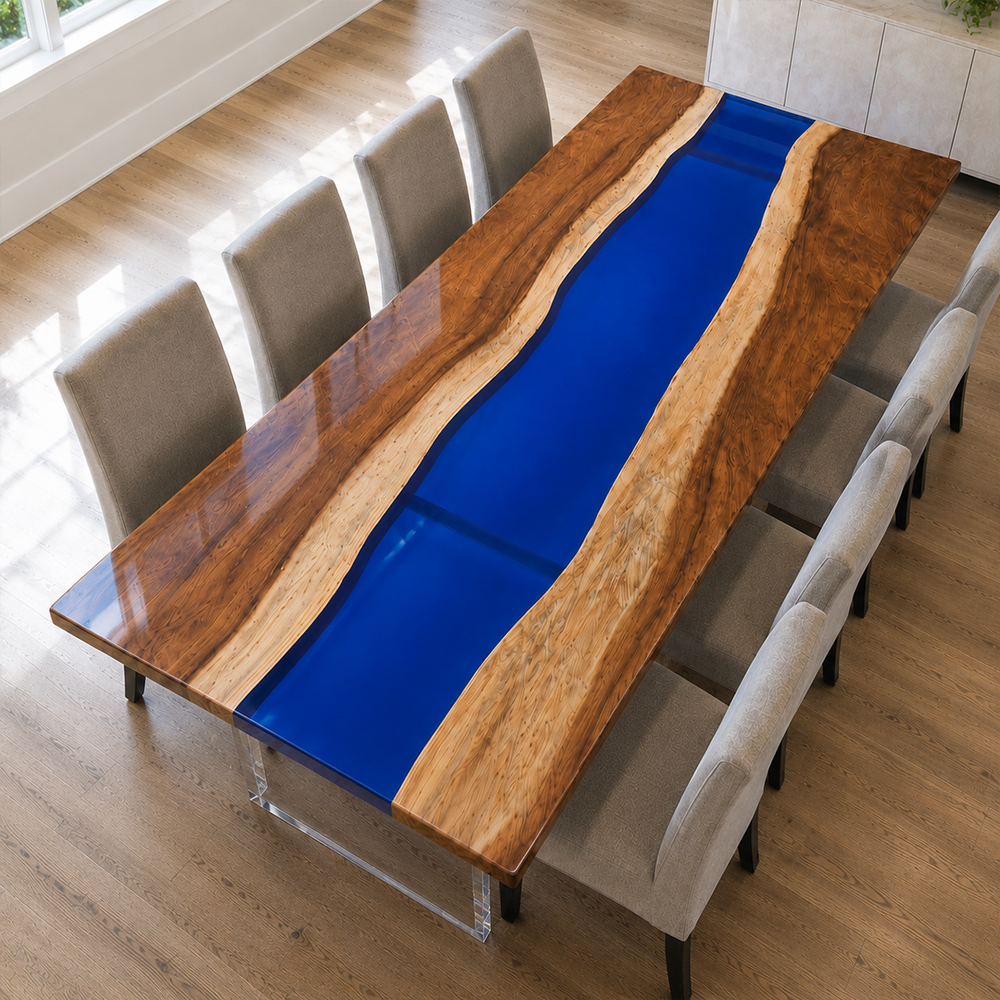 Walnut Clear Blue Epoxy Resin Dining Table