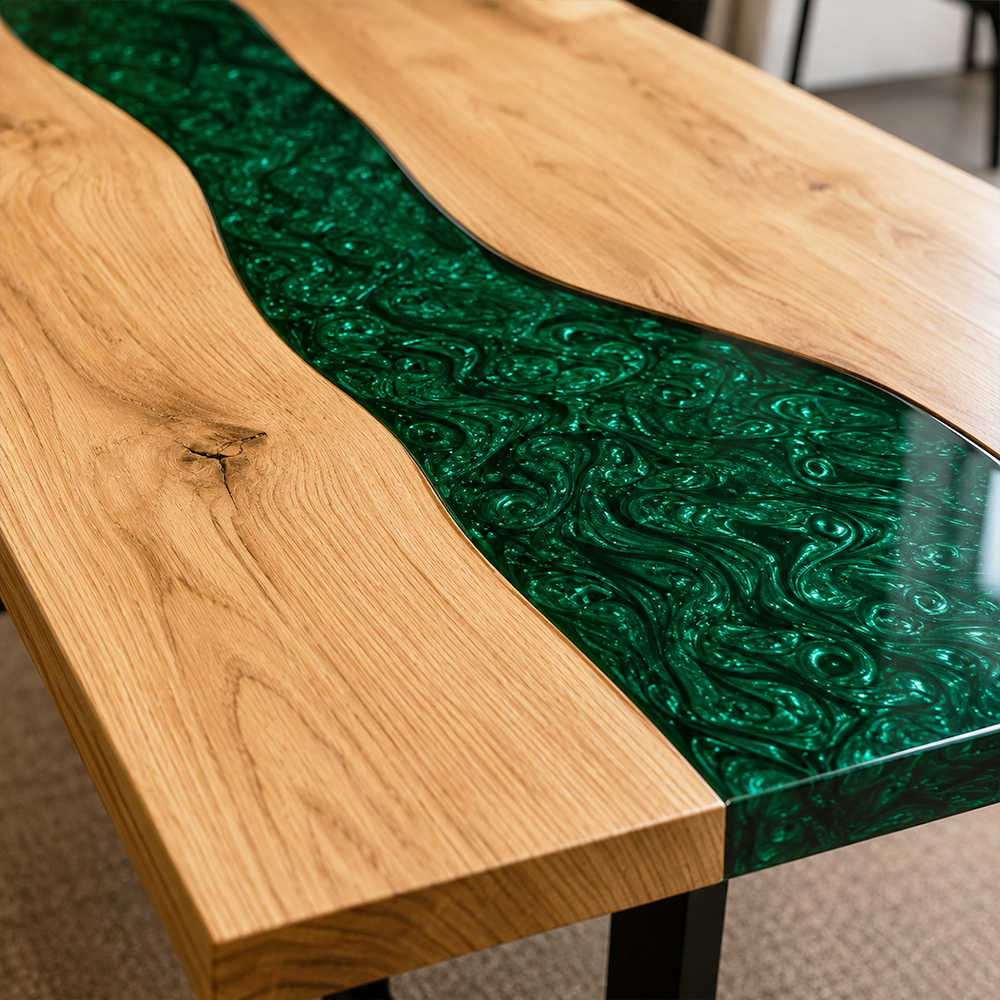 Ash Wood Swirl Green Epoxy Resin Dining Table