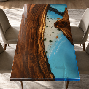 71" × 35.5" × 2" Walnut Wood Sea Coast Flow Epoxy Resin Dining Table