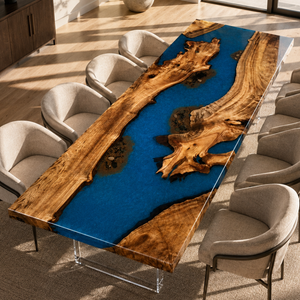 Golden Camphor Blue Wave Epoxy Resin Dining Table